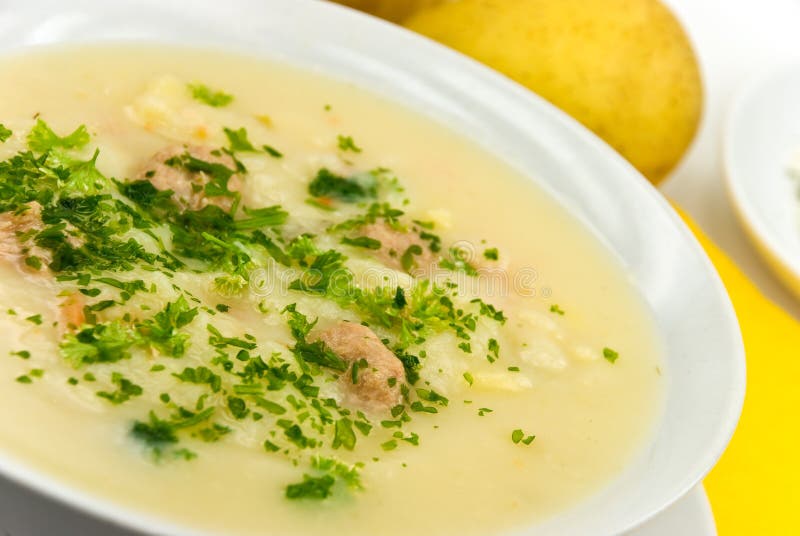 Potato cream soup with chopped meat balls