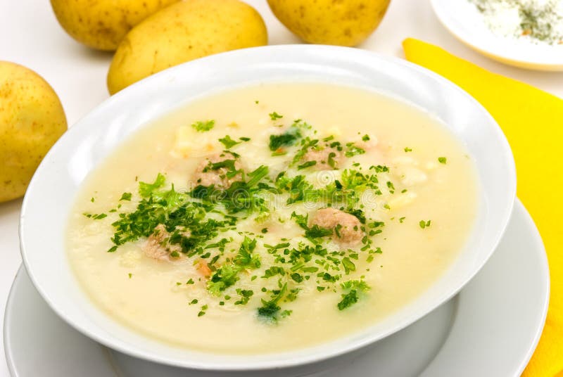 Potato cream soup with chopped meat balls