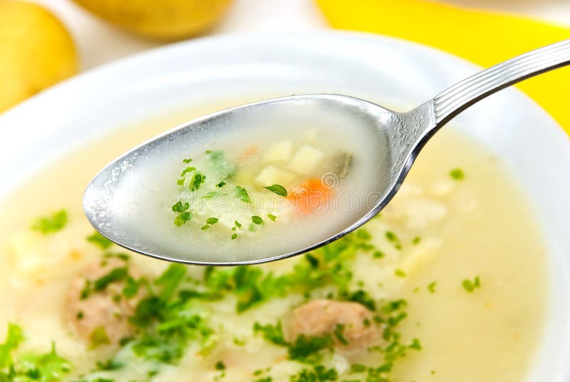 Potato cream soup with chopped meat balls