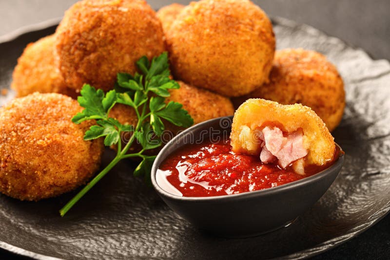POTATO CROQUETTES with Ham and Sauce Closeup Stock Image Image of potato, crispy 241995725