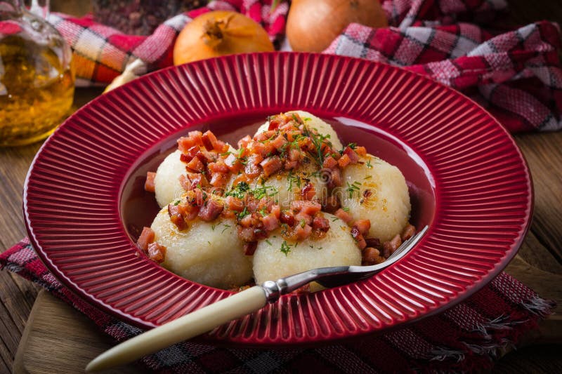 Potato Dumplings with Bacon Stock Photo Image of dish, onion 274689984