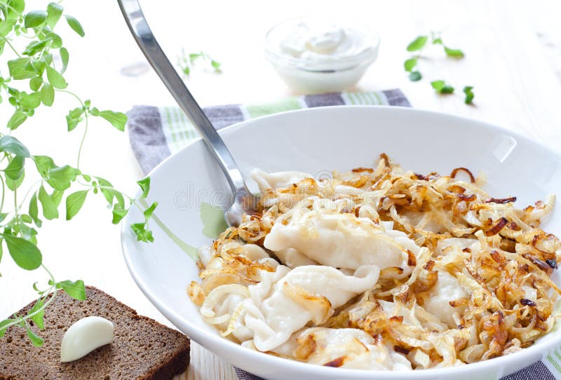 Potato Dumplings Served with Fried Onion Stock Photo Image of cream