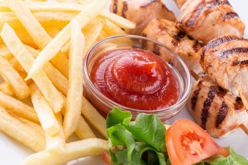 Potato Fries with Grilled Chicken and Vegetables Stock Image Image of