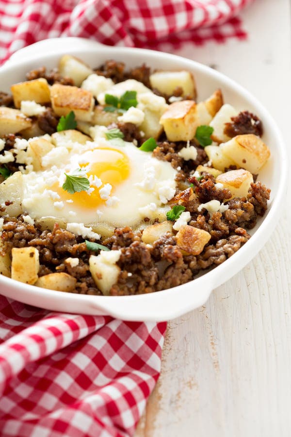 Potato Hash with Sausage and Fried Egg Stock Image - Image of ground ...