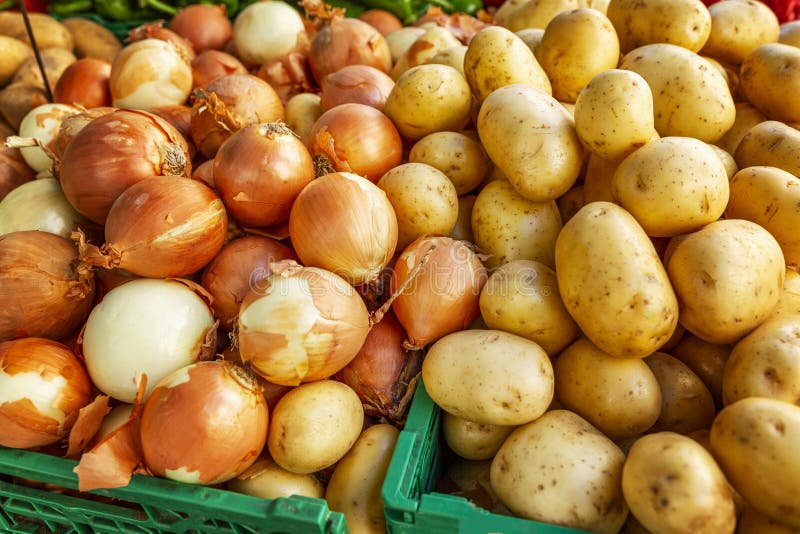 Potato and Onion on a Market Counter. an Assortment of Products for