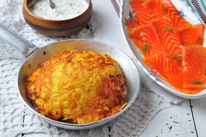 Potato Pancakes with Sour Cream and Smoked Salmon Stock Image Image