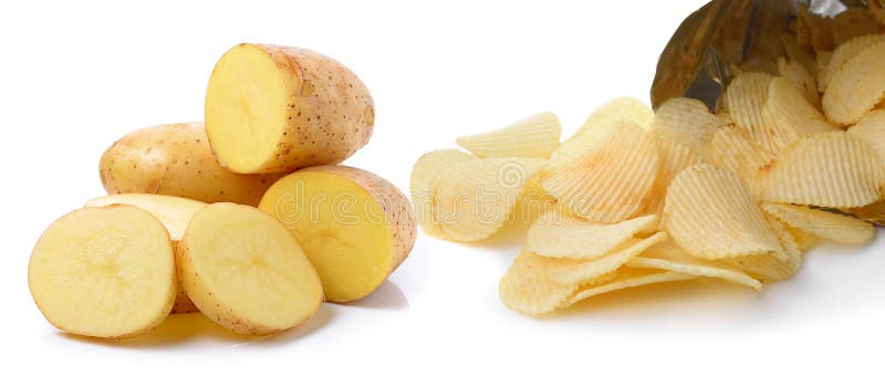 Potato and Potato chips isolated on white background