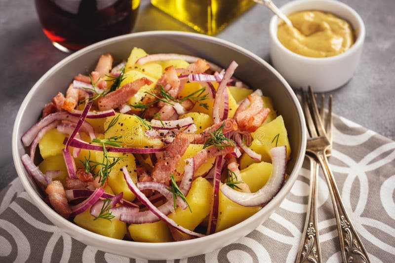Potato Salad with Bacon, Red Onion and Mustard Sauce. Stock Photo