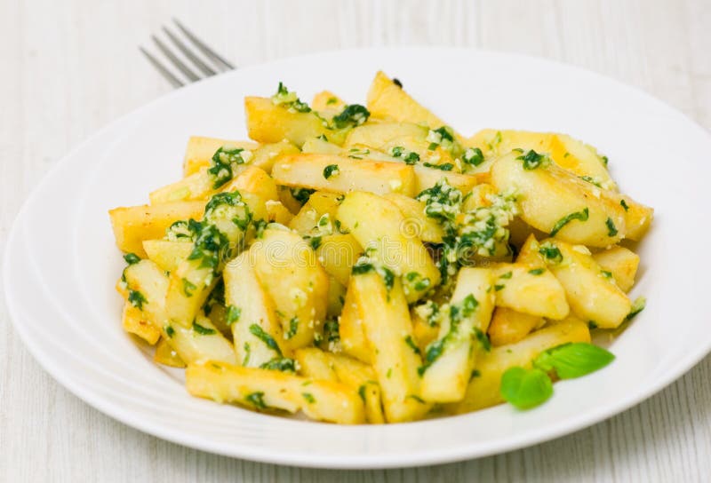 Potatoes Fries in the Plate with Pesto Stock Photo Image of closeup