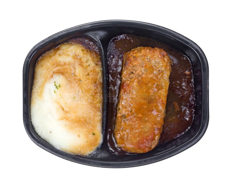 Potatoes and Meat Loaf Cooked TV Dinner Stock Image - Image of chives ...