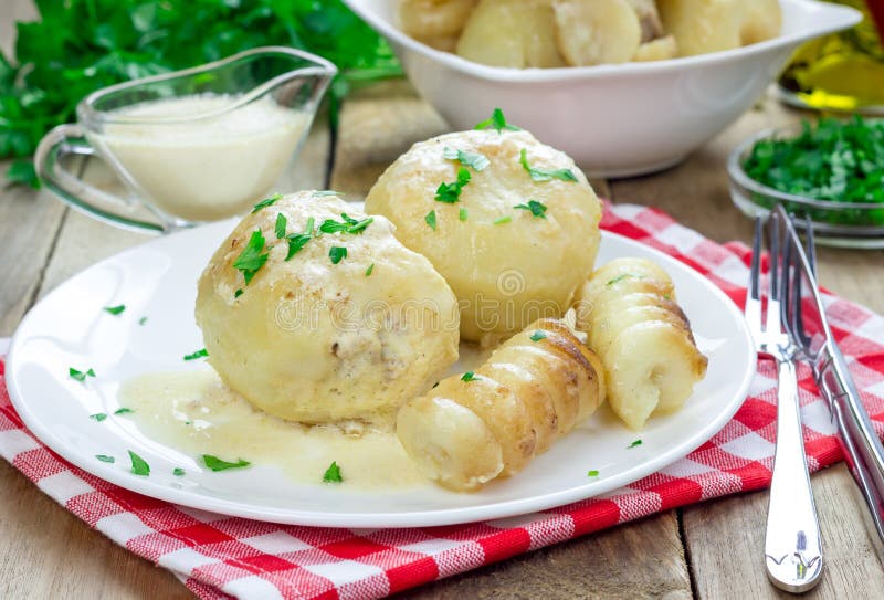 Potatoes Stuffed with Minced Meat in Cream Souce Stock Photo Image of
