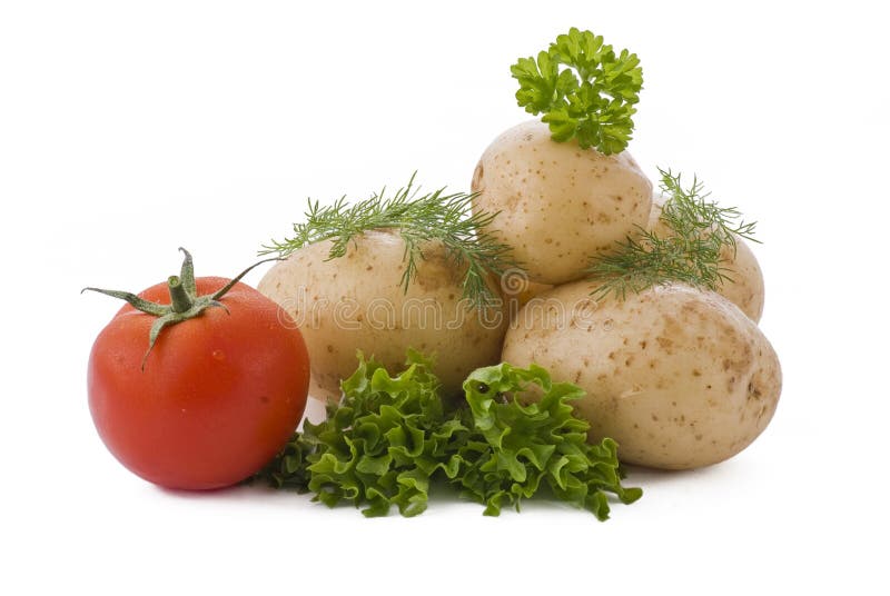 Potatoes, tomato, salad and herbs