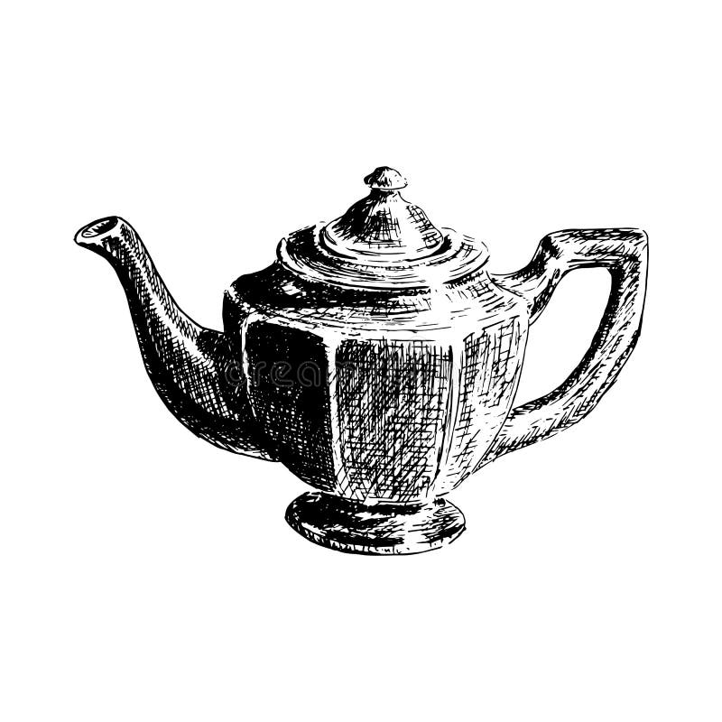 Pote dibujado mano gráfica del té en el fondo blanco Ilustrador del vector del bosquejo del artículos de cocina libre illustration Pote dibujado mano gráfica del té en el fondo blanco Ilustrador del vector del bosquejo del artículos de cocina libre illustration
