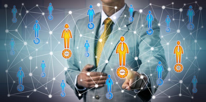 Businessman choosing male and female prospects with 100% potential in a professional network. Business and information technology concept for marketing, prospecting, performance review, HR, CRM, P2P. Businessman choosing male and female prospects with 100% potential in a professional network. Business and information technology concept for marketing, prospecting, performance review, HR, CRM, P2P