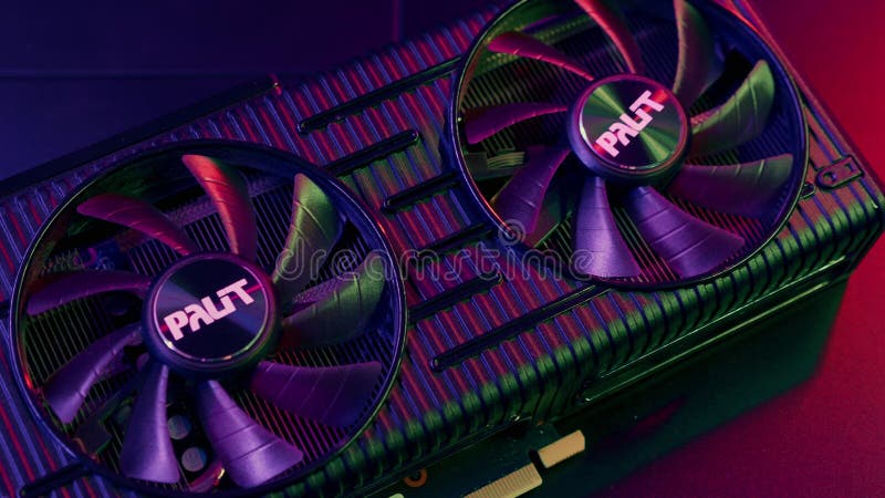 Potente tarjeta de vídeo gpu moderna con dos ventiladores cerrados en neón.