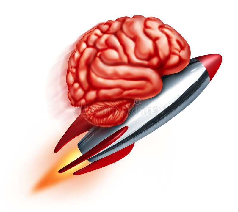Education power with a flying rocket and a human brain on the projectile as a symbol of learning and studying and improving the function of the thinking mind on a white background. Education power with a flying rocket and a human brain on the projectile as a symbol of learning and studying and improving the function of the thinking mind on a white background.