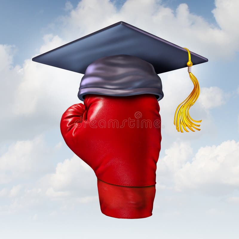 Power of education concept as a red boxing glove in the air wearing a graduation cap or mortar board as a powerful learning and training success symbol. Power of education concept as a red boxing glove in the air wearing a graduation cap or mortar board as a powerful learning and training success symbol.