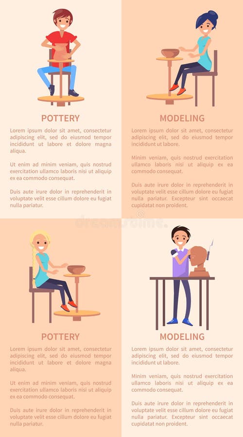 Poterie et affiches de modélisation avec les personnes et le texte illustration stock Poterie et affiches de modélisation avec les personnes et le texte illustration stock