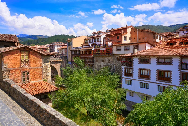 Potes village facades in Cantabria Spain stock images