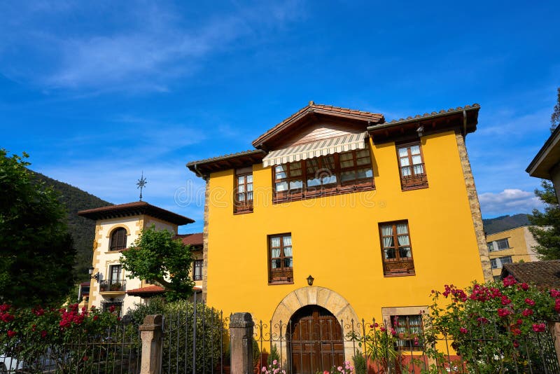 Potes village facades in Cantabria Spain stock photo