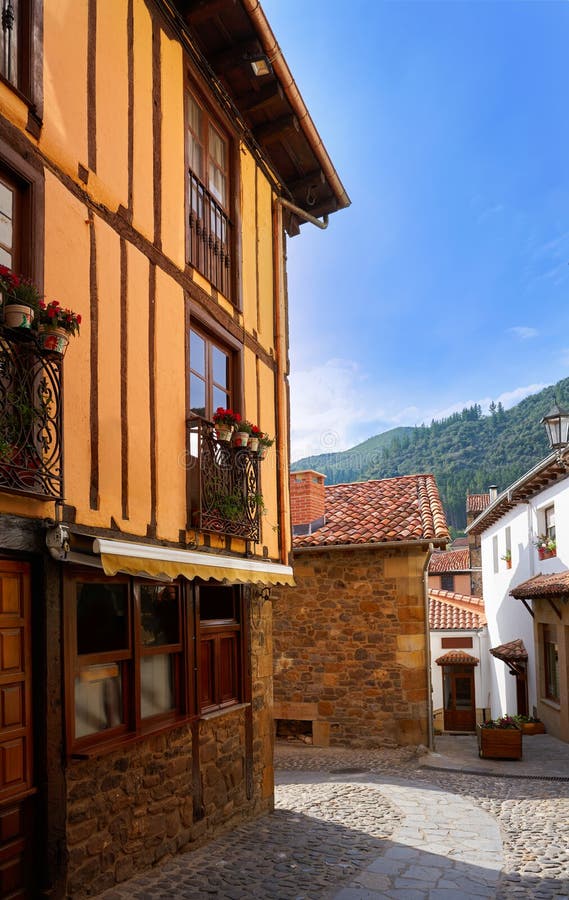 Potes village facades in Cantabria Spain royalty free stock photo