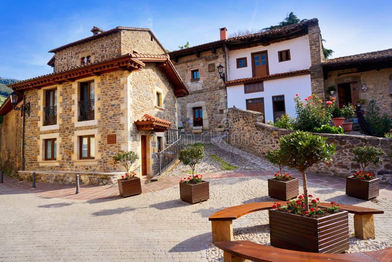 Potes village facades in Cantabria Spain stock photos