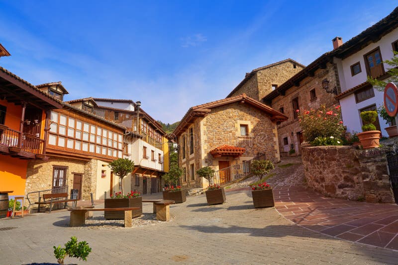 Potes village facades in Cantabria Spain stock photography