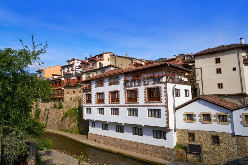 Potes village facades in Cantabria Spain stock photos