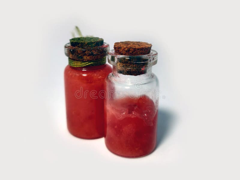 Potions with red liquid. Alchemy set with flasks. small glass bottles with colored liquid for game role play. magic potions with royalty free stock photo