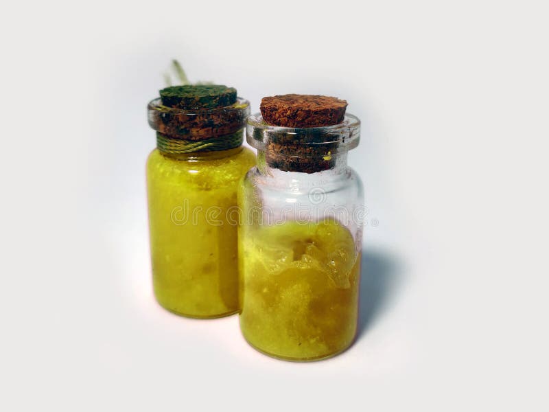 Potions with yellow liquid. Alchemy set with flasks. small glass bottles with colored liquid for game role play. magic potions stock photography