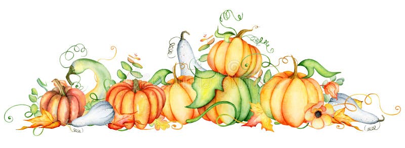 Potiron d'aquarelle et feuilles d'automne Composition en récolte Jour heureux d'action de grâces Illustration tirée par la main illustration libre de droits