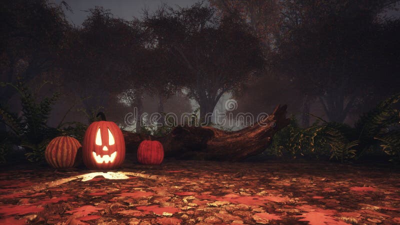 potiron de Jack-o-lanterne dans la forêt fantasmagorique au crépuscule illustration libre de droits potiron de Jack-o-lanterne dans la forêt fantasmagorique au crépuscule illustration libre de droits
