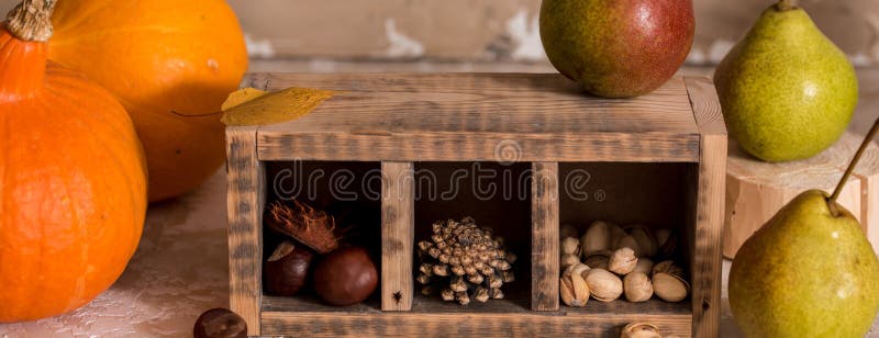 Potiron et poires d'automne Écrous de mélange dans une boîte antique en bois Fruits de châtaigne, de pistaches et de cônes Automn images stock Potiron et poires d'automne Écrous de mélange dans une boîte antique en bois Fruits de châtaigne, de pistaches et de cônes Automn images stock