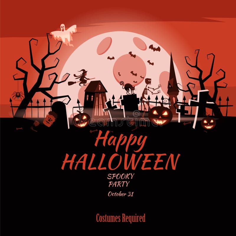 Potiron heureux de vacances de Halloween d'affiche, cimetière, château abandonné noir, attributs des vacances de tous les saints, illustration de vecteur Potiron heureux de vacances de Halloween d'affiche, cimetière, château abandonné noir, attributs des vacances de tous les saints, illustration de vecteur