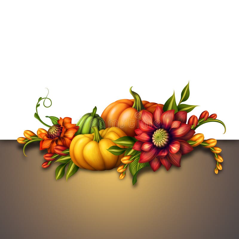 Potirons de chute avec les fleurs saisonnières, fond d'automne illustration de vecteur Potirons de chute avec les fleurs saisonnières, fond d'automne illustration de vecteur