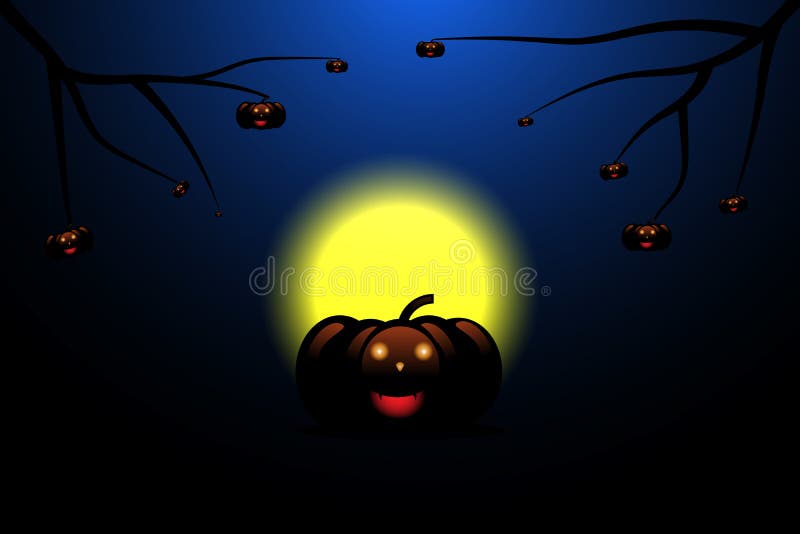 Potirons de Halloween et arbre de branche avec la lune sur le fond bleu, illustration illustration de vecteur Potirons de Halloween et arbre de branche avec la lune sur le fond bleu, illustration illustration de vecteur