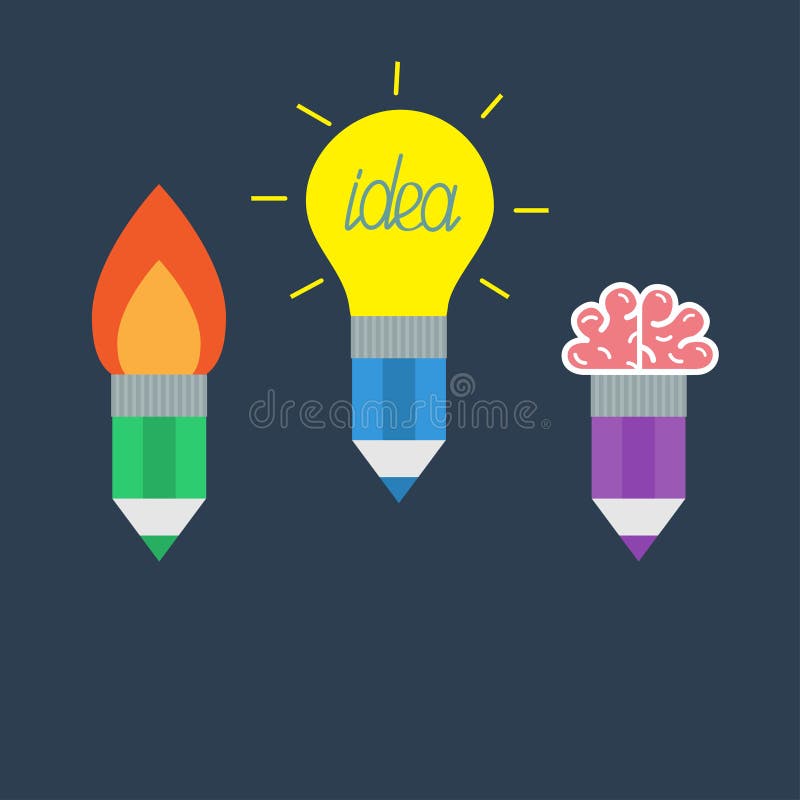 Potlood met gele gloeilampenlamp, raketbrand en hersenen Bedrijfsideeconcept dat wordt geplaatst Vlak Ontwerp stock illustratie Potlood met gele gloeilampenlamp, raketbrand en hersenen Bedrijfsideeconcept dat wordt geplaatst Vlak Ontwerp stock illustratie
