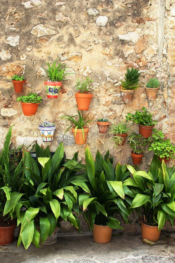 Mediterranean flowerpots on a rustic weathered old wall with plants en flowers in Spain. Mediterranean flowerpots on a rustic weathered old wall with plants en flowers in Spain