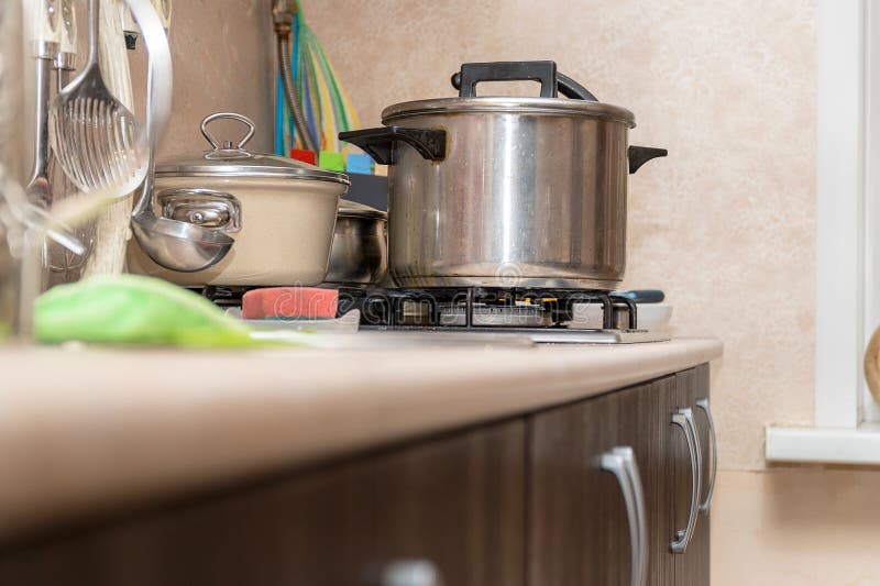 Pots in the Kitchen on the Gas Stove Stock Photo Image of