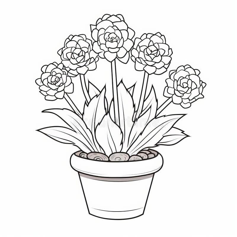 Potted Flowers Coloring Page with Strong Linear Elements Stock ...