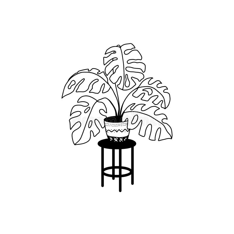 Potted Flowers on a Stand, Home Decor. Freehand Drawing, Linear Black ...