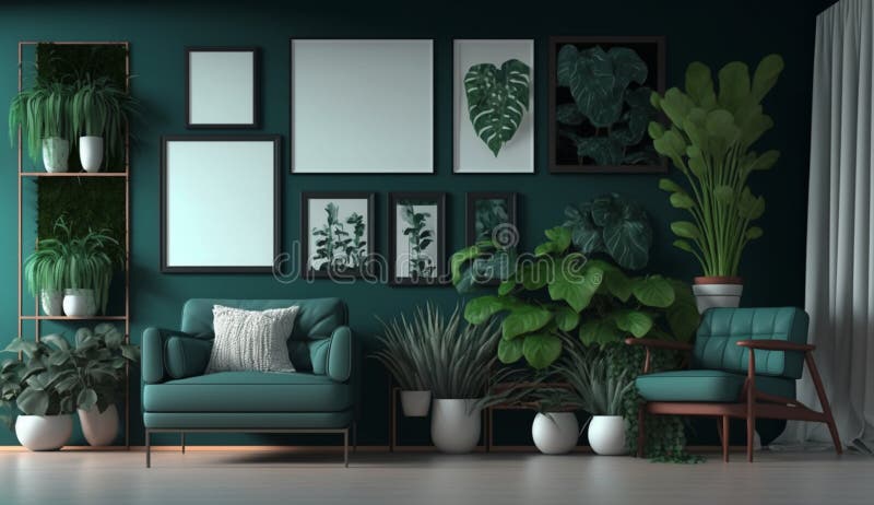 Potted Plants Decorate Living Room with Green Color Walls with Art