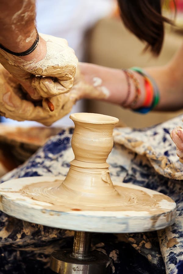 Potter Makes on the Pottery Wheel Clay Pot Stock Photo Image of