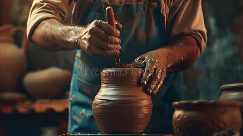 A potter works with a tool on a potters wheel leveling royalty free illustration