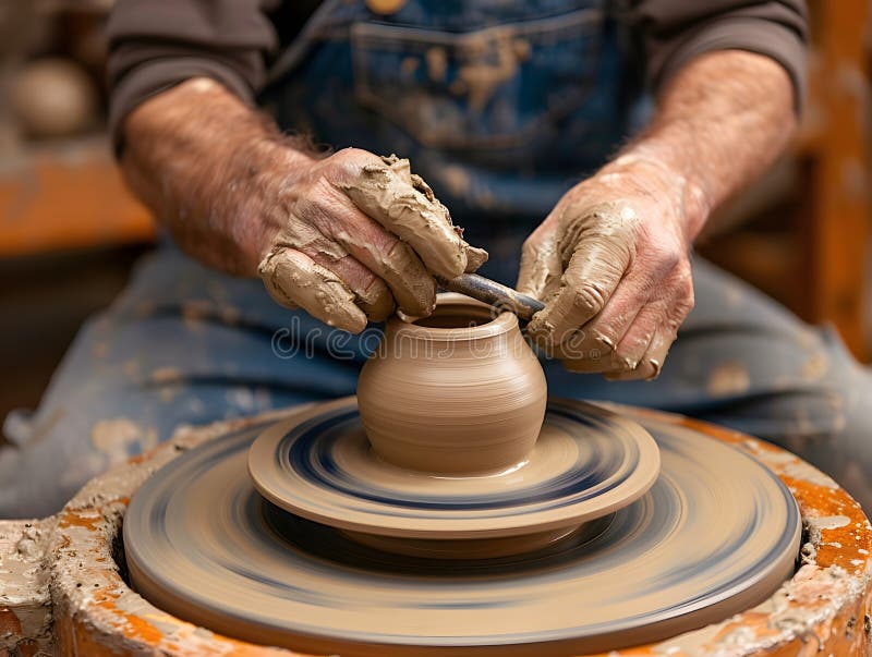 A potter works with a tool on a potters wheel leveling royalty free illustration