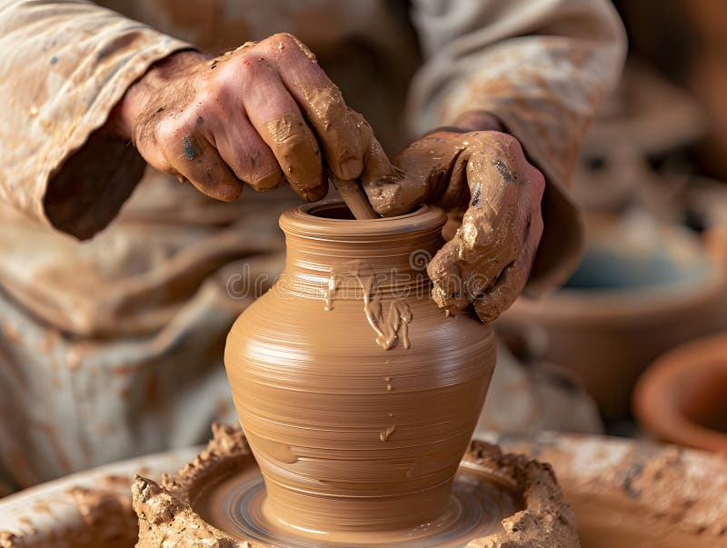 A potter works with a tool on a potters wheel leveling vector illustration