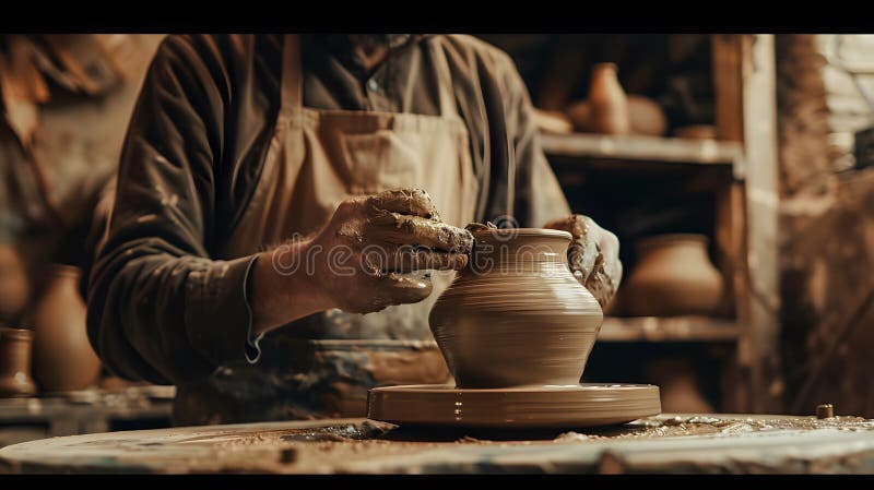 A potter works with a tool on a potters wheel leveling vector illustration