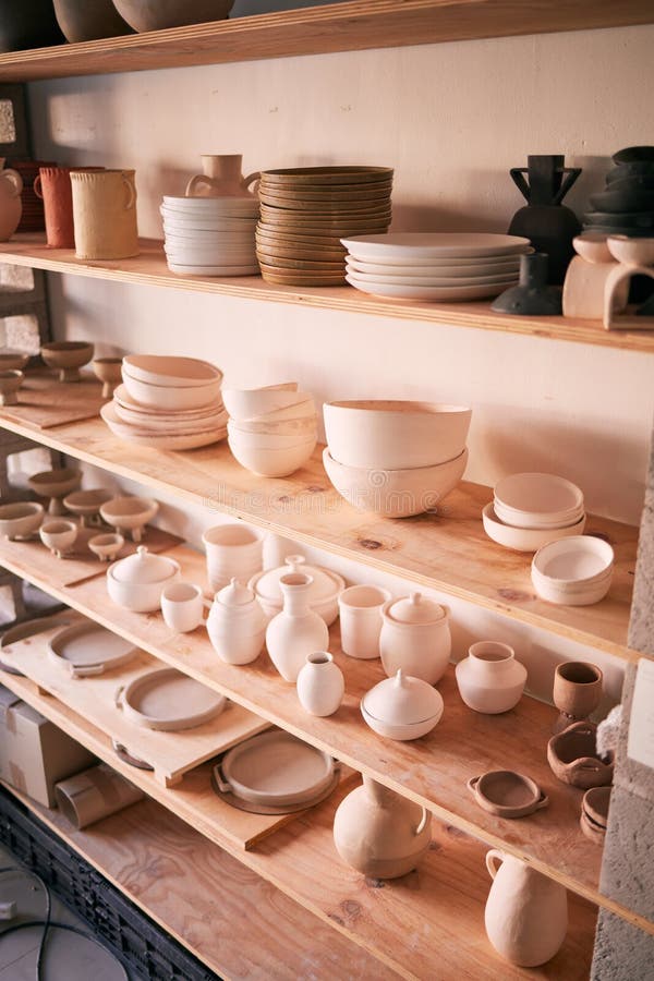Pottery Background, Ceramics Store and Shelf in Creative Studio of