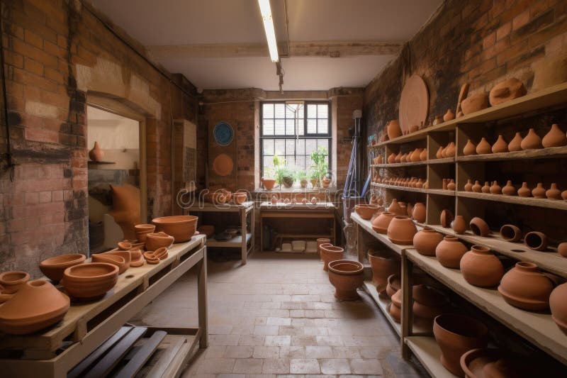 Pottery and Ceramics with Kilns, Tools and Finished Pots on