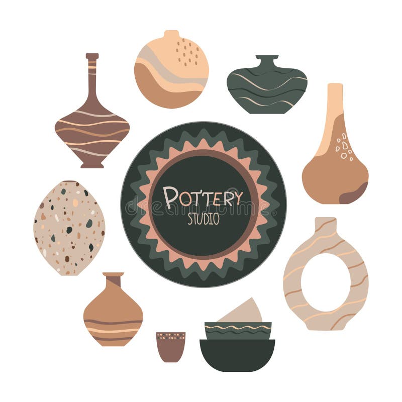 Pottery Studio. Set of Colorful Ceramic Dishes. Vector Illustration
